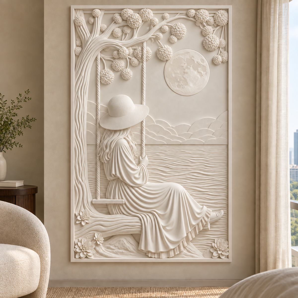 Moonwater Blossom Swing Corian wall panel, front view in a Powai bedroom reading alcove
