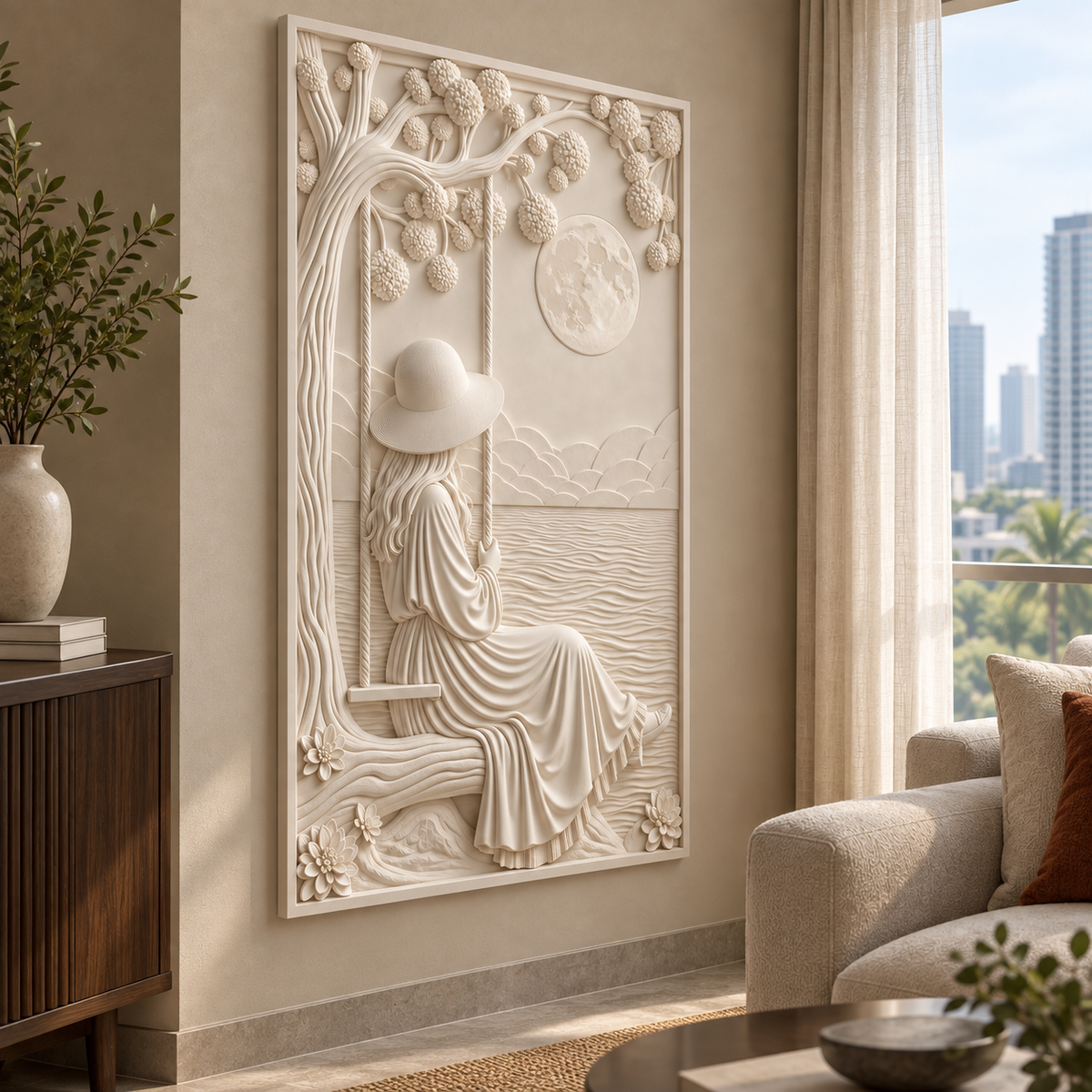 Moonwater Blossom Swing Corian wall panel, left view in a Bandra living room