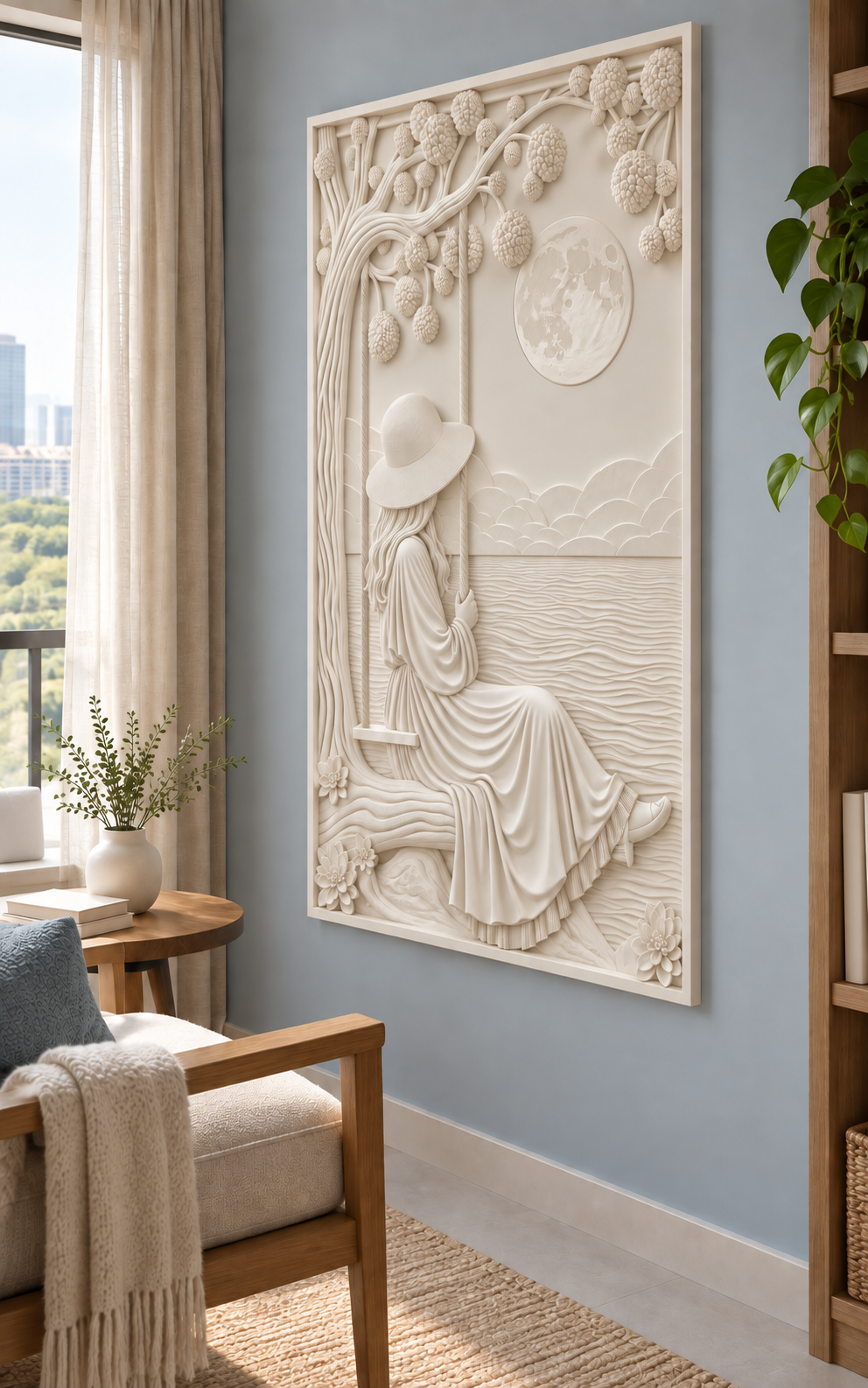Moonwater Blossom Swing Corian wall panel, right view in a Ghatkopar home reading room