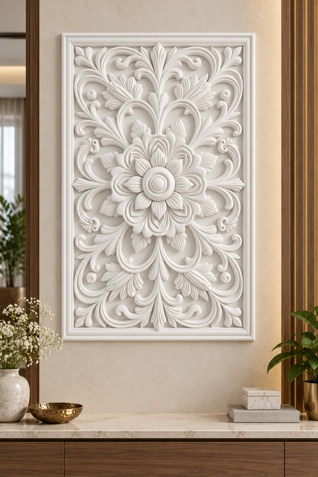 Nested Petal Palmette Corian wall panel, front view on an entrance console wall in a Mumbai home; AI-assisted concept visualisation