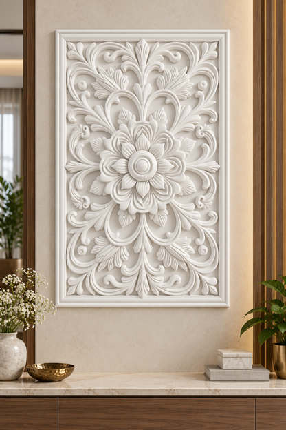 Nested Petal Palmette Corian wall panel, front view on an entrance console wall in a Mumbai home; AI-assisted concept visualisation