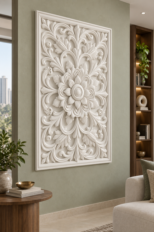 Nested Petal Palmette Corian wall panel, left view on a formal living room accent wall in a Mumbai home; AI-assisted concept visualisation