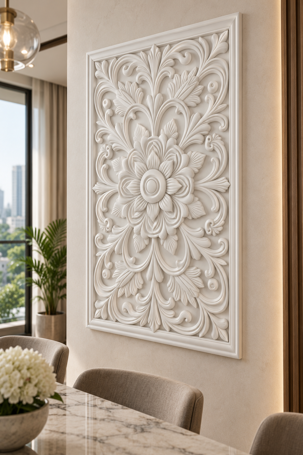 Nested Petal Palmette Corian wall panel, right view on a dining room display wall in a Mumbai home; AI-assisted concept visualisation