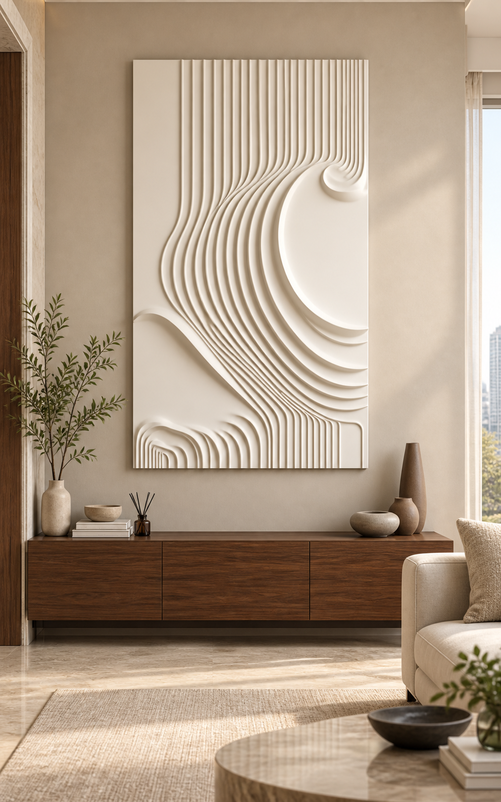 Offset Fluted Crescent Corian wall panel, front view in a Worli apartment living room