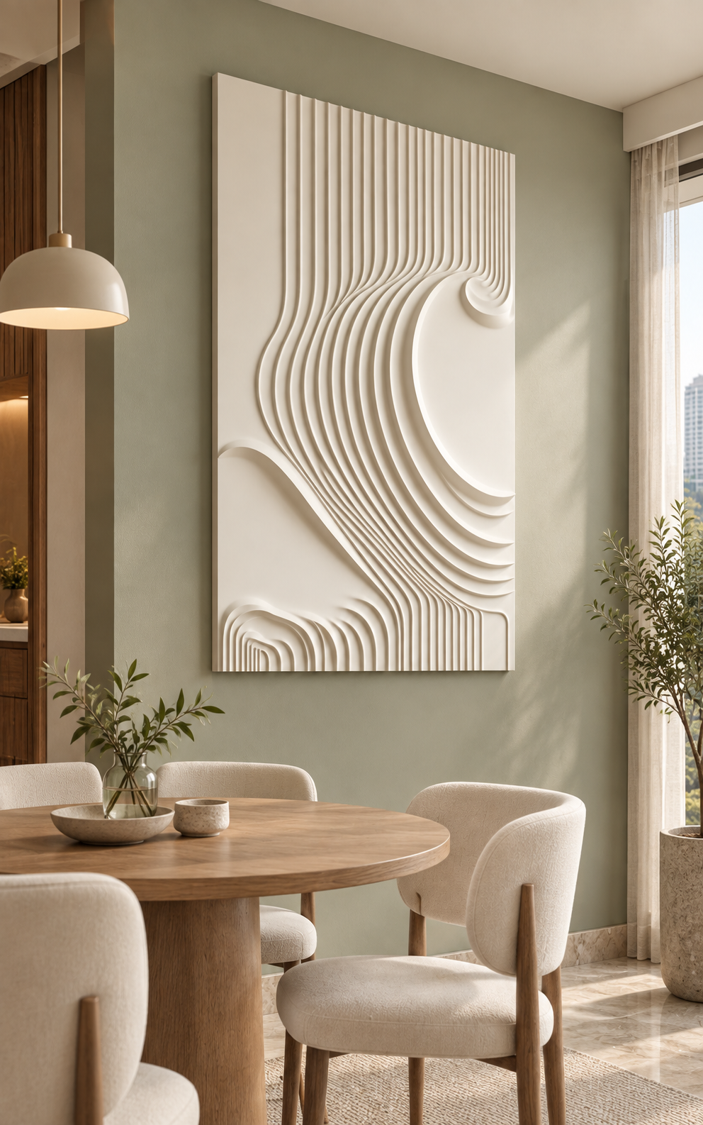 Offset Fluted Crescent Corian wall panel, left view in a Bandra apartment dining alcove