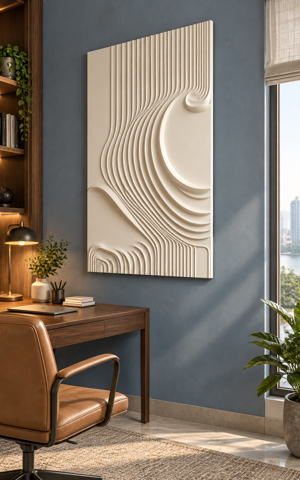 Offset Fluted Crescent Corian wall panel, right view in a Powai apartment home study