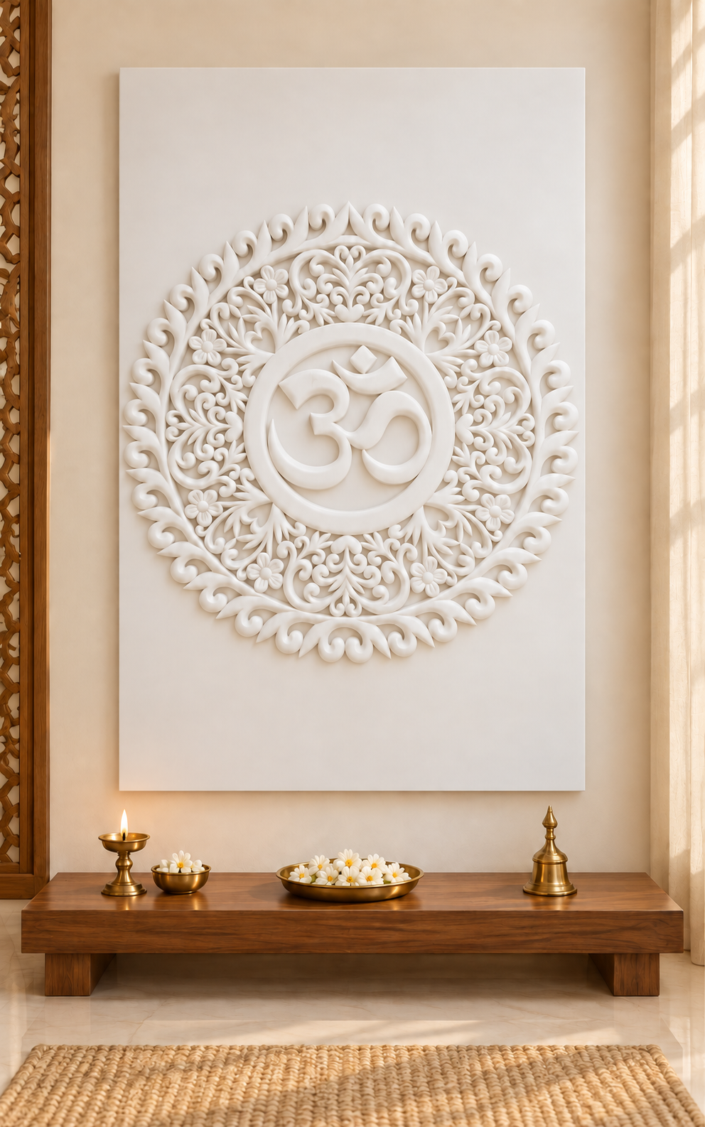 Om Leaf Scroll Mandala satin white Corian wall panel, front view in a warm ivory Mumbai pooja room with a low teak altar.