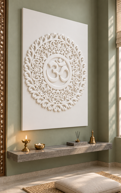 Om Leaf Scroll Mandala satin white Corian wall panel, left view in a muted sage Mumbai meditation alcove with a stone prayer shelf.