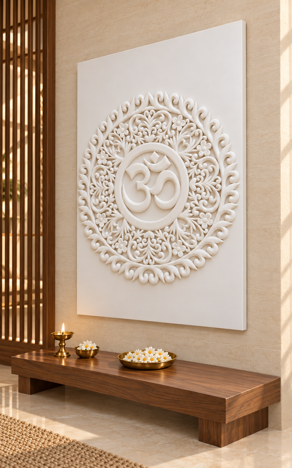 Om Leaf Scroll Mandala satin white Corian wall panel, right view in a pale sandstone Mumbai prayer room with a walnut slatted partition.