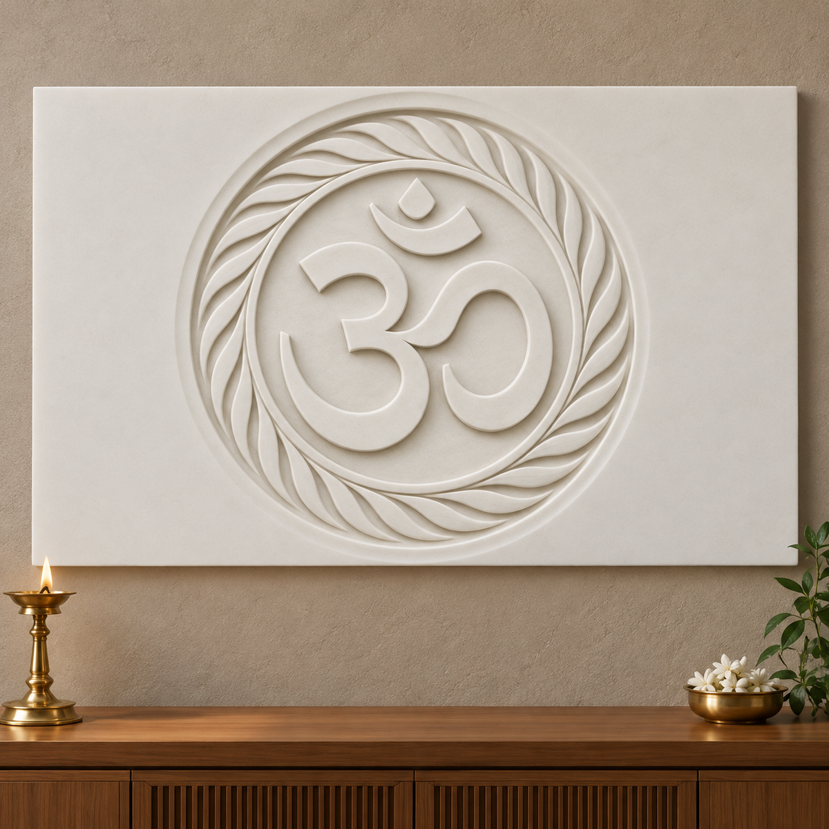 Om Leaf Wreath Corian wall panel, front view in a Mumbai home prayer room; AI-assisted concept visualisation