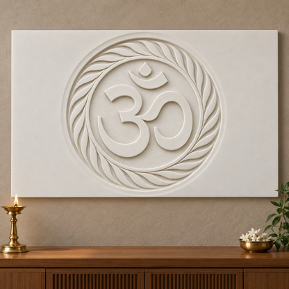 Om Leaf Wreath Corian wall panel, front view in a Mumbai home prayer room; AI-assisted concept visualisation