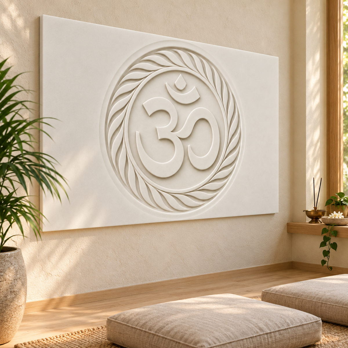 Om Leaf Wreath Corian wall panel, left view in a Mumbai meditation alcove; AI-assisted concept visualisation