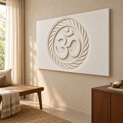 Om Leaf Wreath Corian wall panel, right view in a Mumbai quiet reflection room; AI-assisted concept visualisation