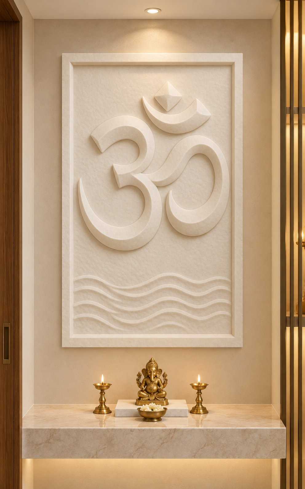 Om Wave Sanctuary Corian wall panel, 2.5 x 4 ft, front view in a Compact ivory prayer alcove