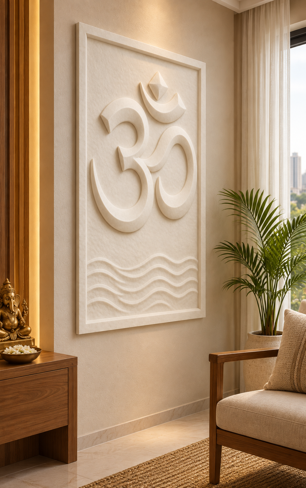 Om Wave Sanctuary Corian wall panel, 2.5 x 4 ft, left view in a Teak and linen meditation corner