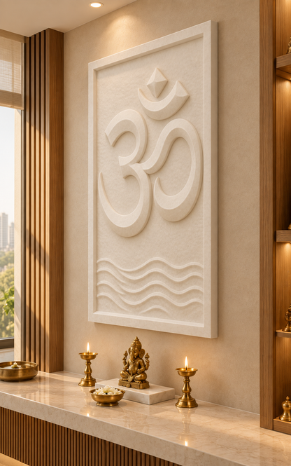 Om Wave Sanctuary Corian wall panel, 2.5 x 4 ft, right view in a Sandstone-toned family pooja room