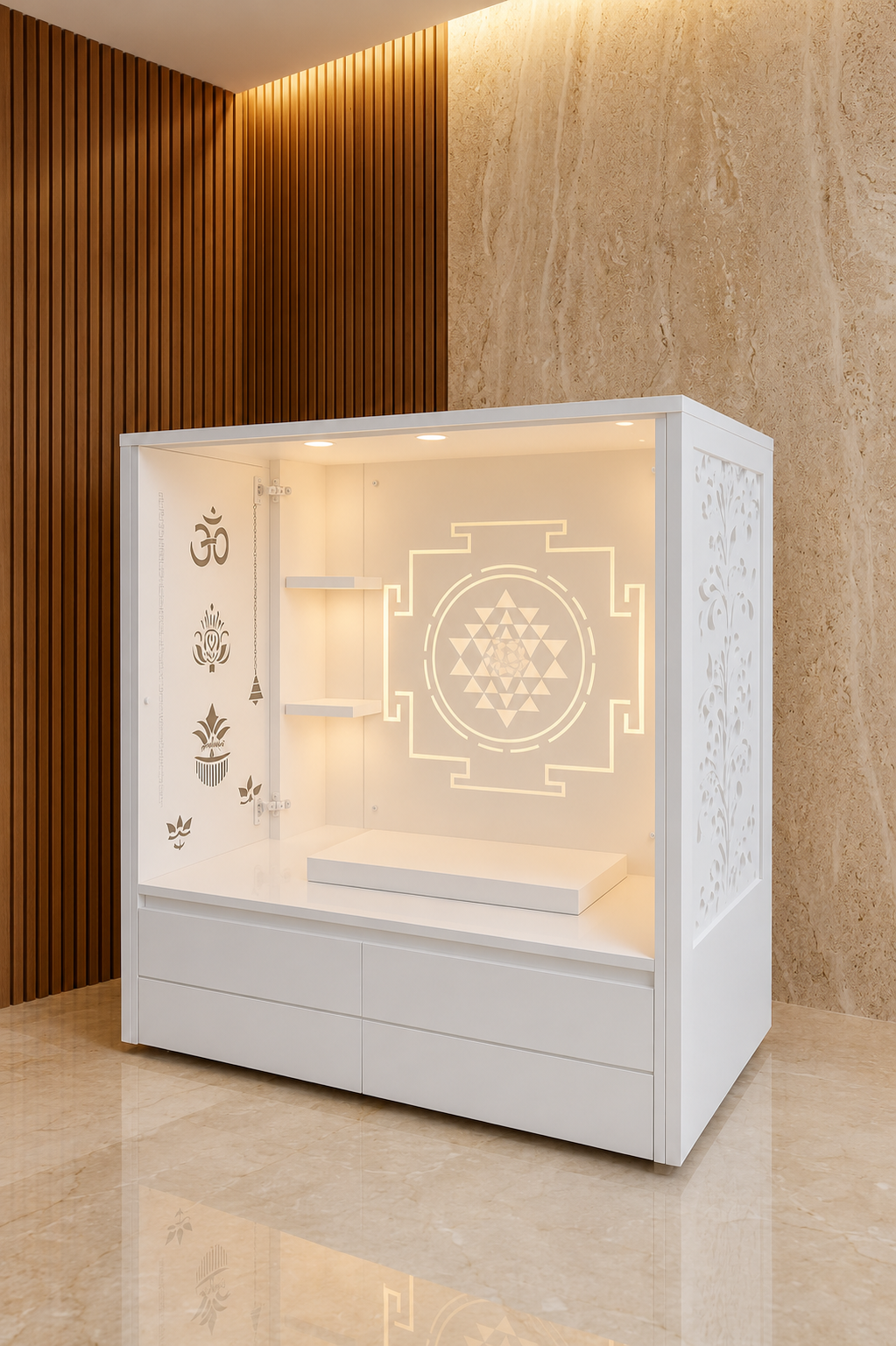 Open white Corian mandir showing Sri Yantra back panel, side shelves, altar and storage drawers