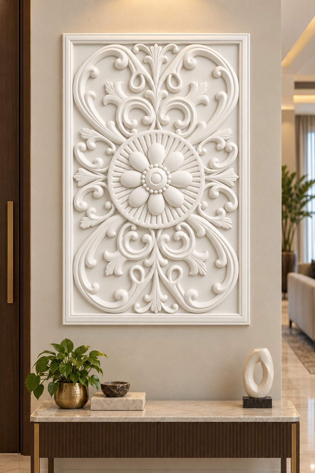 Open Scroll Daisy Roundel Corian wall panel, front view on an entrance foyer wall in a Mumbai home; AI-assisted concept visualisation