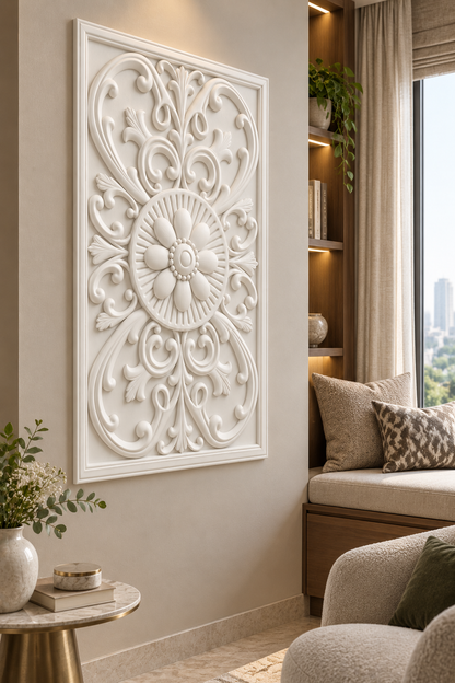 Open Scroll Daisy Roundel Corian wall panel, left view on a bedroom reading alcove in a Mumbai home; AI-assisted concept visualisation