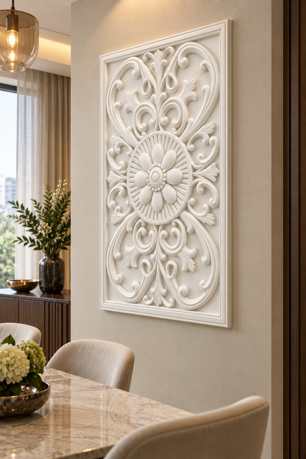 Open Scroll Daisy Roundel Corian wall panel, right view on a dining room accent wall in a Mumbai home; AI-assisted concept visualisation