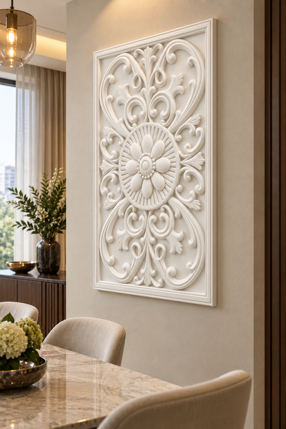 Open Scroll Daisy Roundel Corian wall panel, right view on a dining room accent wall in a Mumbai home; AI-assisted concept visualisation