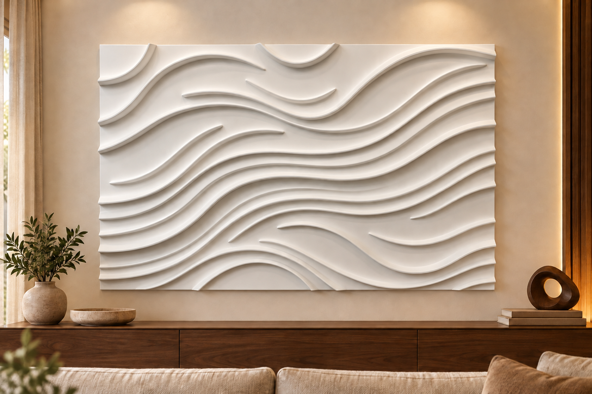 Front view of Open Wave Contours Corian Wall Panel. Horizontal living-room feature above timber sideboard. AI-assisted white Corian concept.