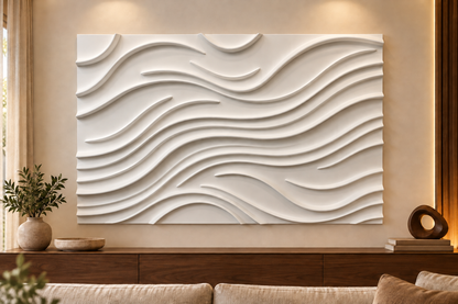 Front view of Open Wave Contours Corian Wall Panel. Horizontal living-room feature above timber sideboard. AI-assisted white Corian concept.