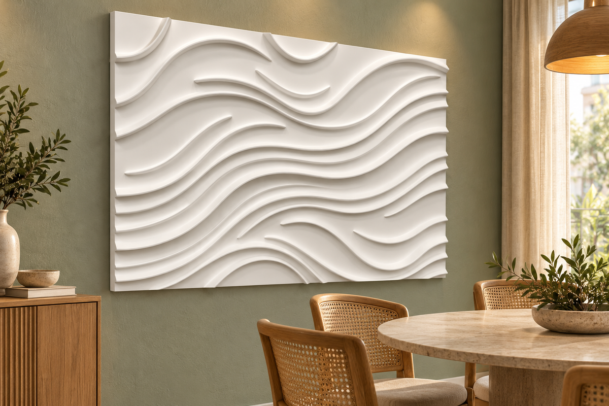 Left-angle view of Open Wave Contours Corian Wall Panel. Sage dining wall beside table and sideboard. AI-assisted white Corian concept.