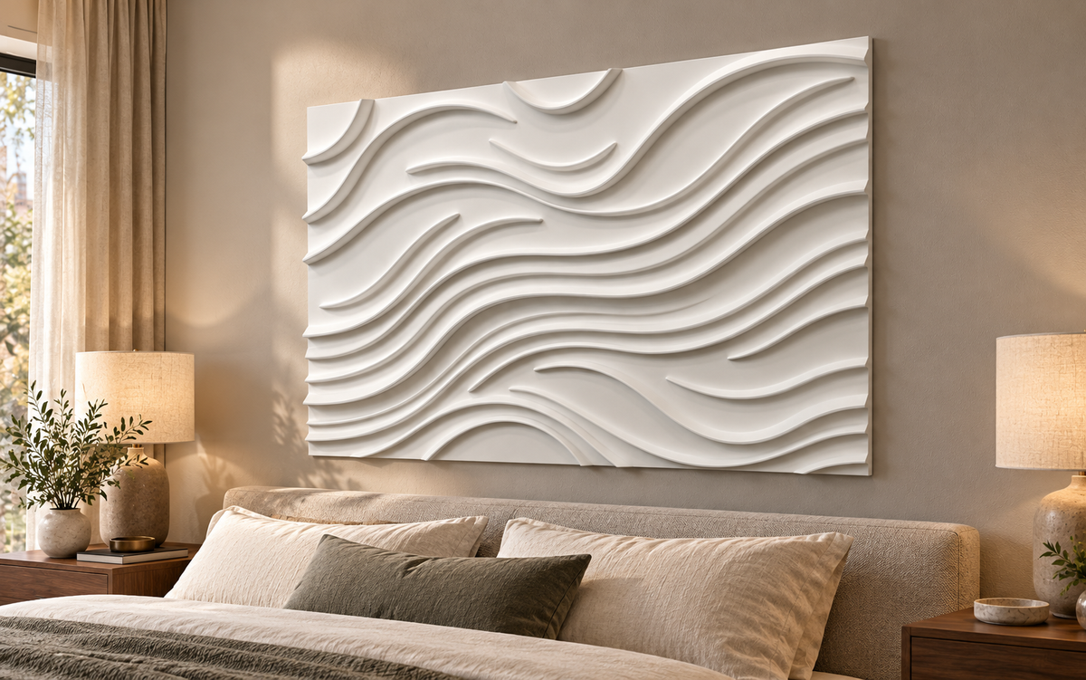 Right-angle view of Open Wave Contours Corian Wall Panel. Bedroom feature above upholstered bed. AI-assisted white Corian concept.