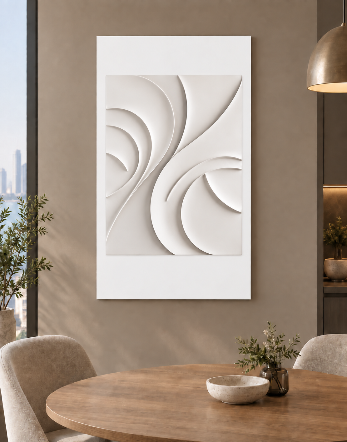 Opposing Fan Current Corian wall panel, front view in a Worli dining nook, with shallow satin white relief
