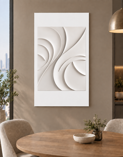 Opposing Fan Current Corian wall panel, front view in a Worli dining nook, with shallow satin white relief