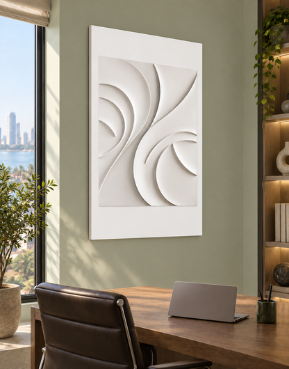 Opposing Fan Current Corian wall panel, left view in a Bandra home study, with shallow satin white relief