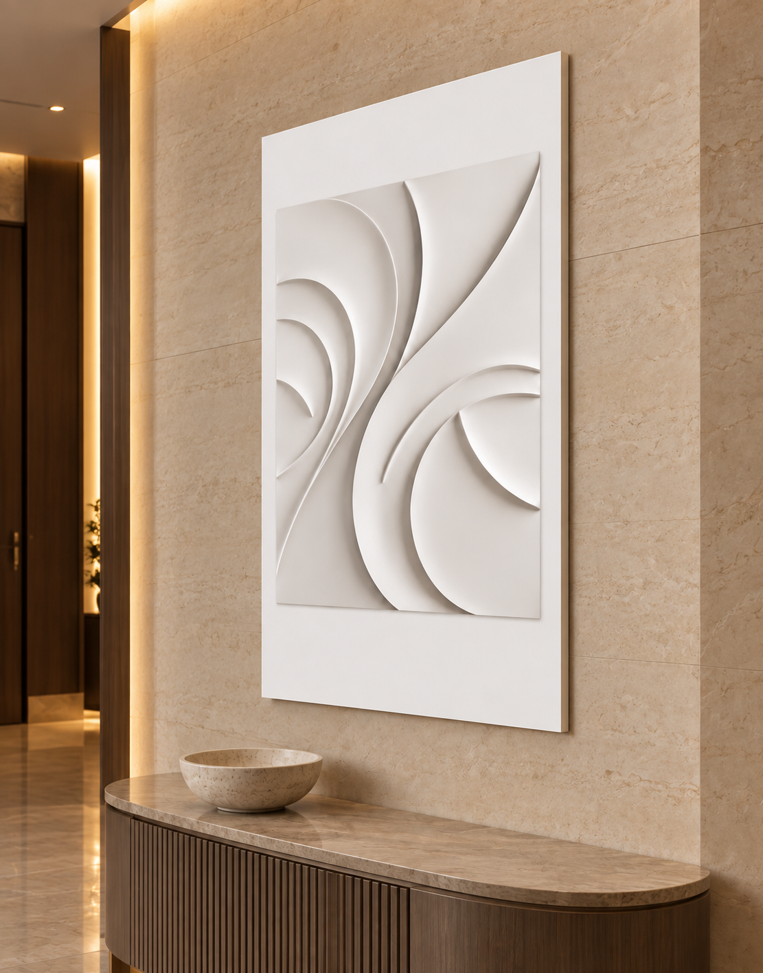 Opposing Fan Current Corian wall panel, right view in a Chembur entrance foyer, with shallow satin white relief