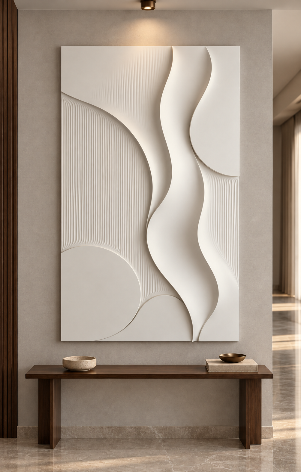 Front view of Orb Curve Fluted Corian Wall Panel. Contemporary entrance above slim timber console. AI-assisted white Corian concept.