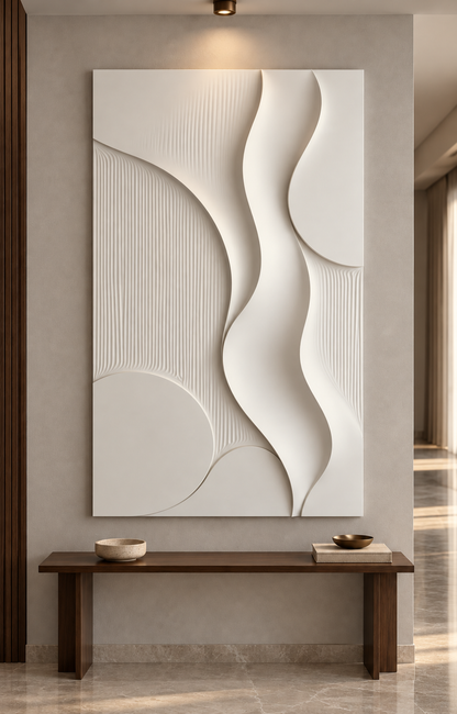 Front view of Orb Curve Fluted Corian Wall Panel. Contemporary entrance above slim timber console. AI-assisted white Corian concept.