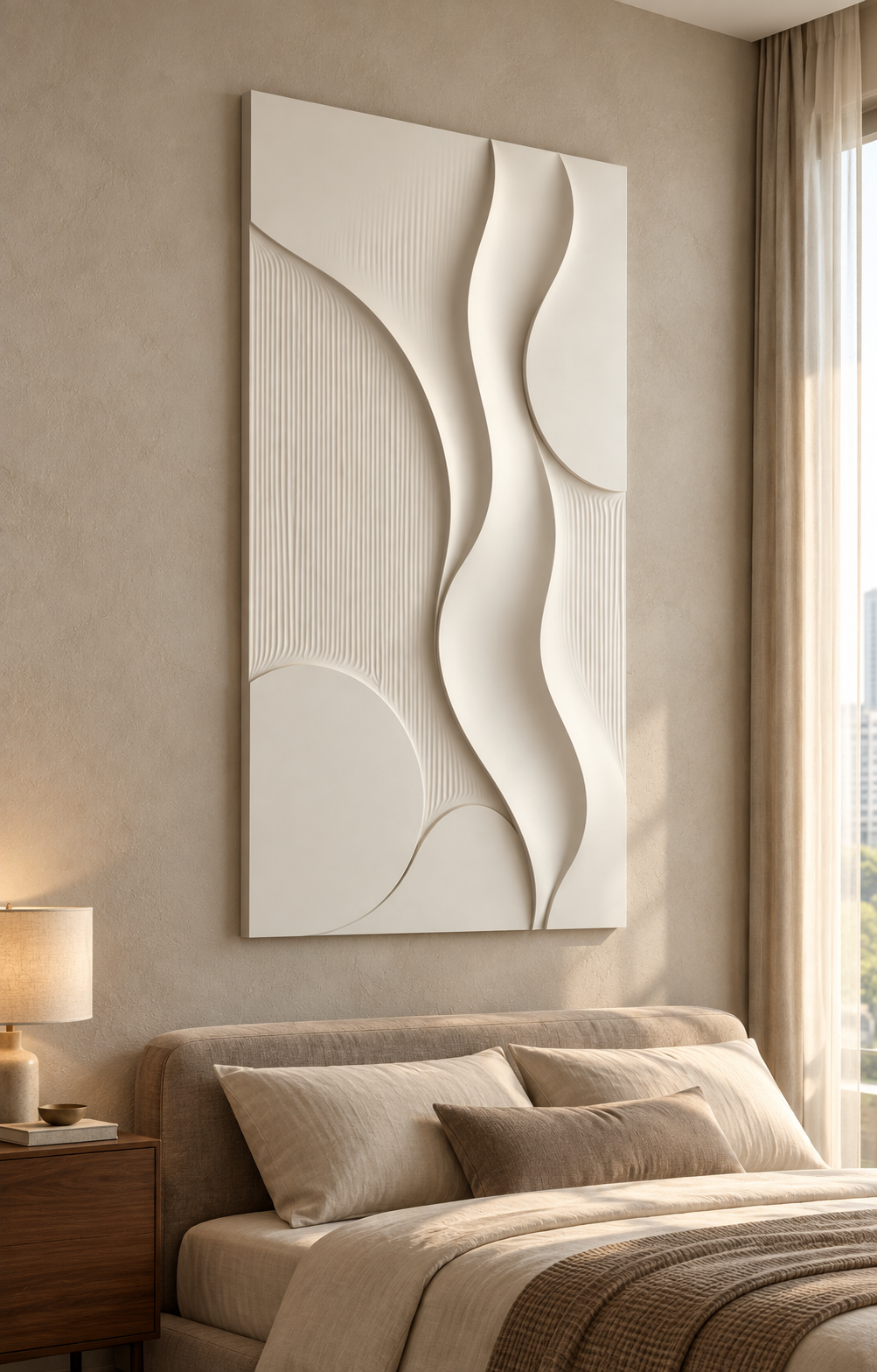Left-angle view of Orb Curve Fluted Corian Wall Panel. Bedroom accent above upholstered bed. AI-assisted white Corian concept.