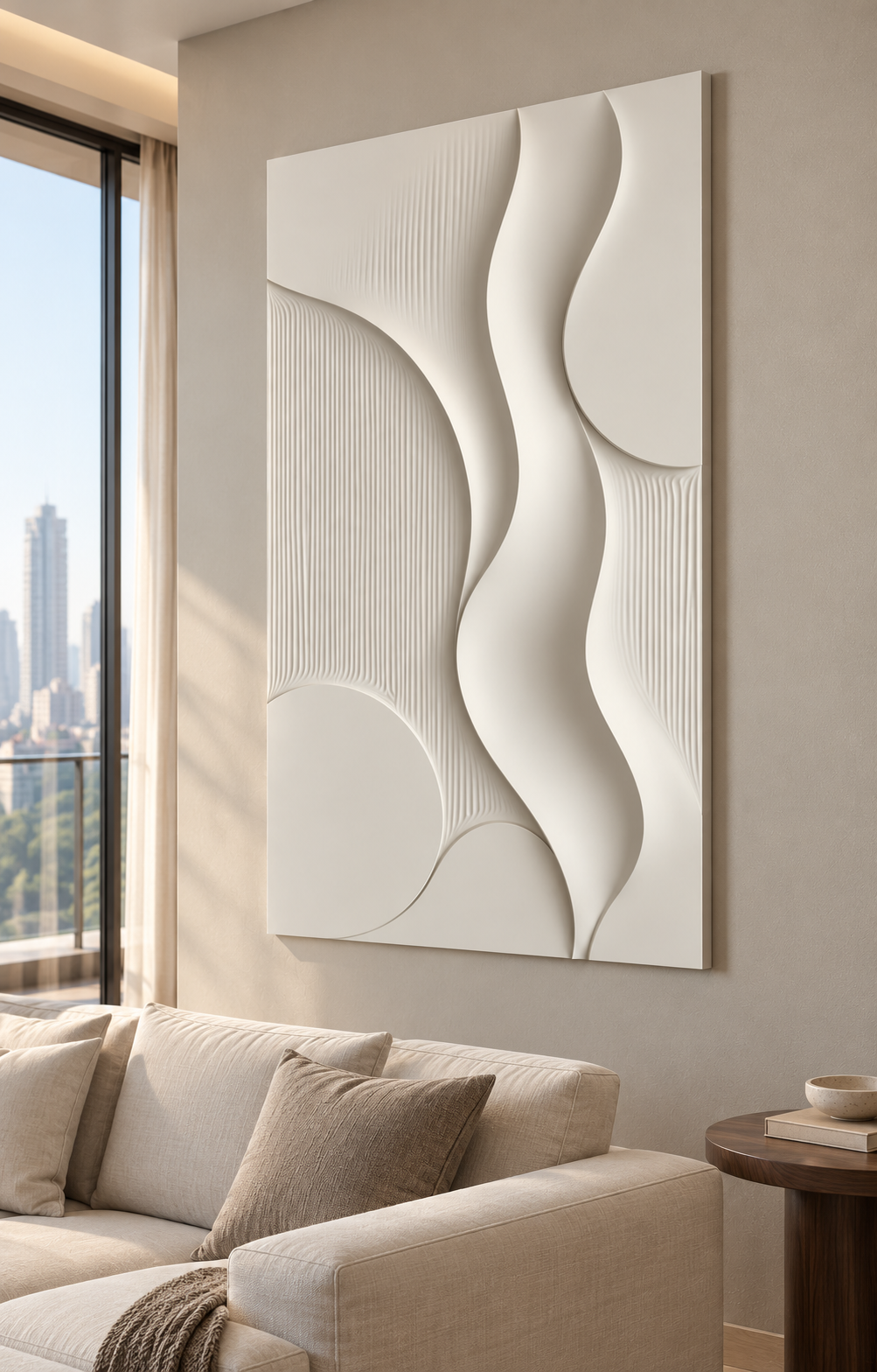 Right-angle view of Orb Curve Fluted Corian Wall Panel. High-rise living room above cream sofa. AI-assisted white Corian concept.