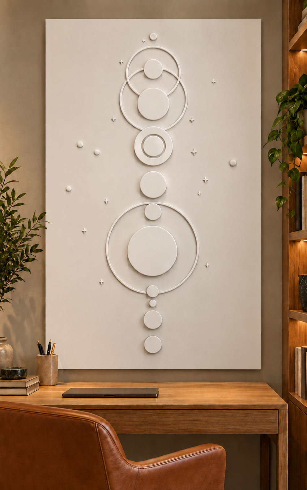 Orbital Disc Constellation Corian wall panel, front view on a home study wall in a Mumbai home; AI-assisted concept visualisation