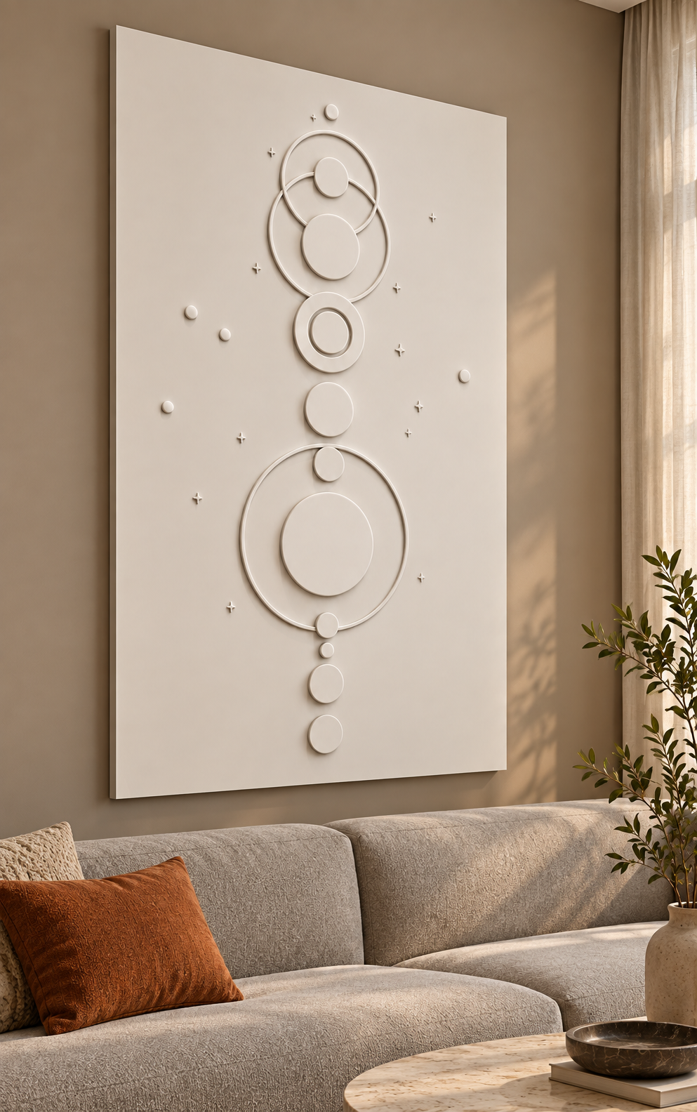 Orbital Disc Constellation Corian wall panel, left view on a family lounge accent wall in a Mumbai home; AI-assisted concept visualisation