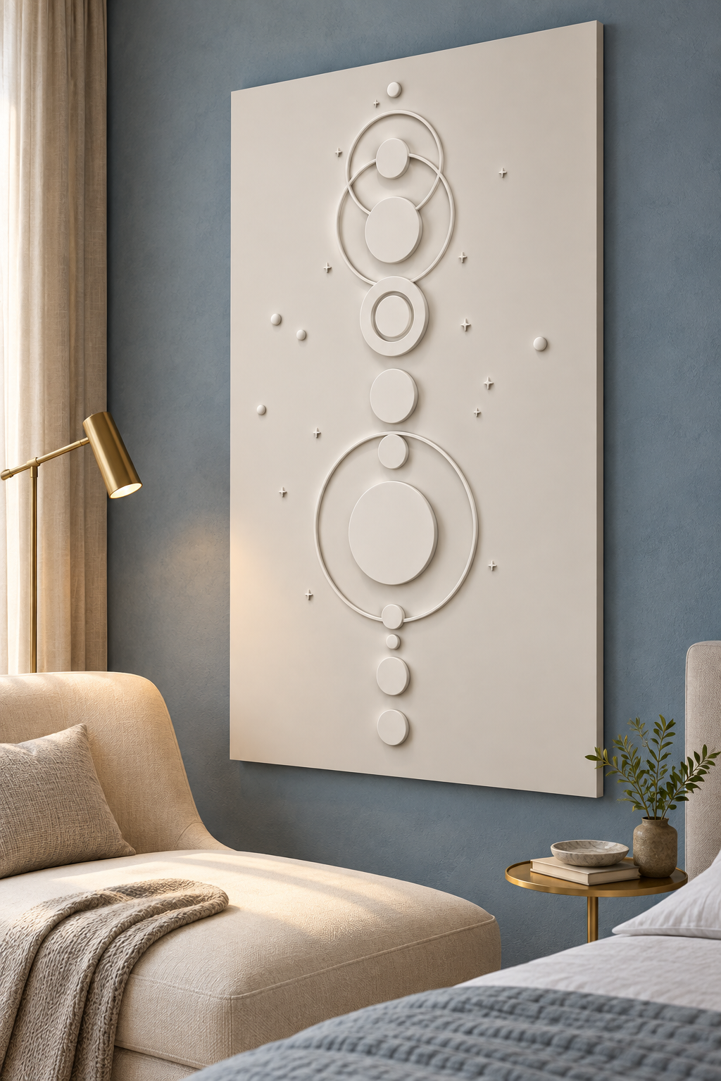 Orbital Disc Constellation Corian wall panel, right view on a bedroom reading corner in a Mumbai home; AI-assisted concept visualisation