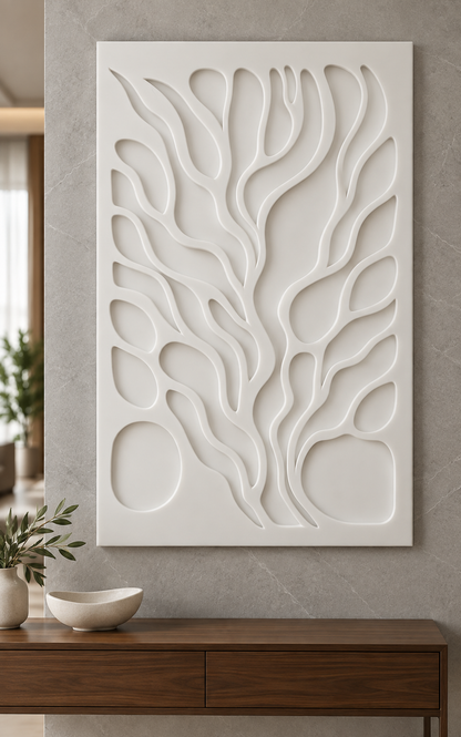 Organic Branch Cavities Corian wall panel, front view in a Mumbai entrance feature wall; AI-assisted concept visualisation