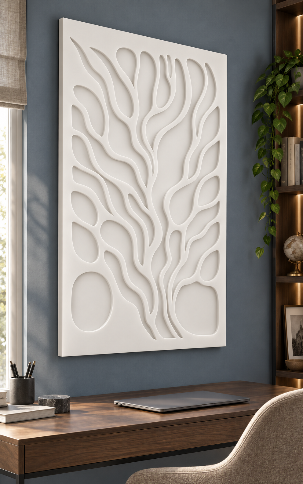 Organic Branch Cavities Corian wall panel, left view in a Mumbai home study feature wall; AI-assisted concept visualisation