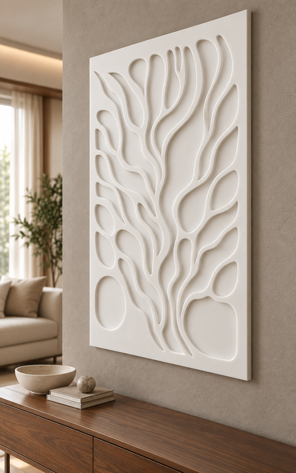 Organic Branch Cavities Corian wall panel, right view in a Mumbai living room lounge; AI-assisted concept visualisation