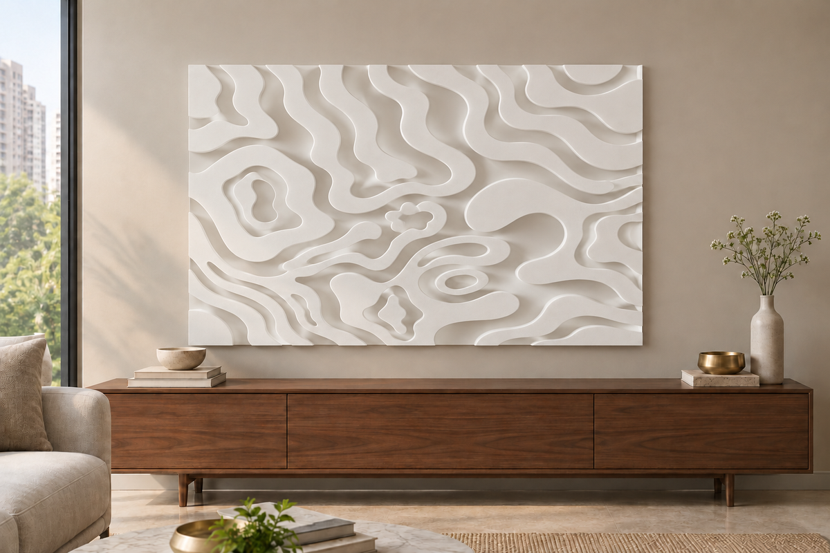 CWP-636 Organic Contour Drift Corian Wall Panel, 4 ft wide x 2.5 ft high, front view in a Mumbai living room; AI-assisted concept visualisation