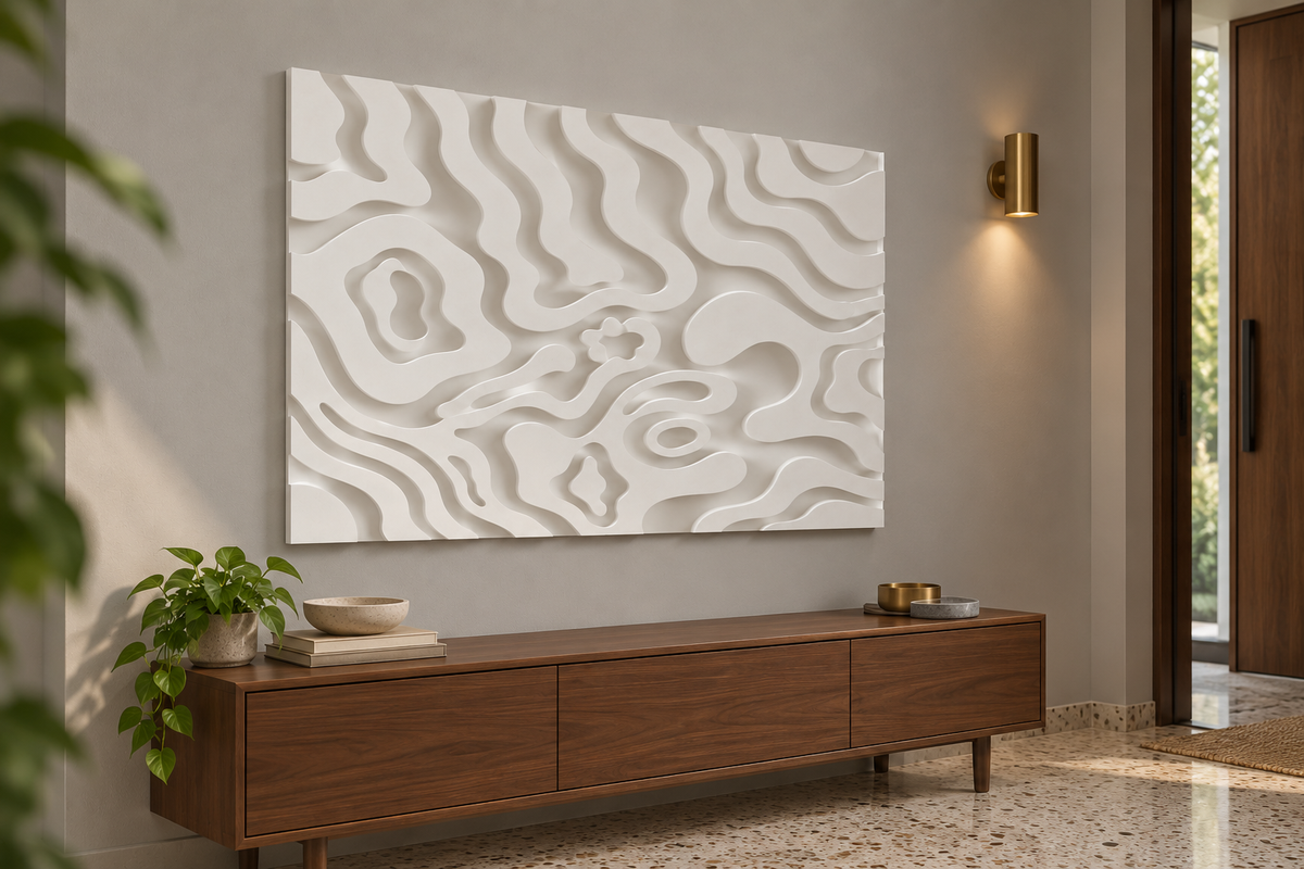 CWP-636 Organic Contour Drift Corian Wall Panel, 4 ft wide x 2.5 ft high, left view in a Mumbai foyer; AI-assisted concept visualisation