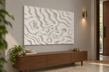 CWP-636 Organic Contour Drift Corian Wall Panel, 4 ft wide x 2.5 ft high, left view in a Mumbai foyer; AI-assisted concept visualisation