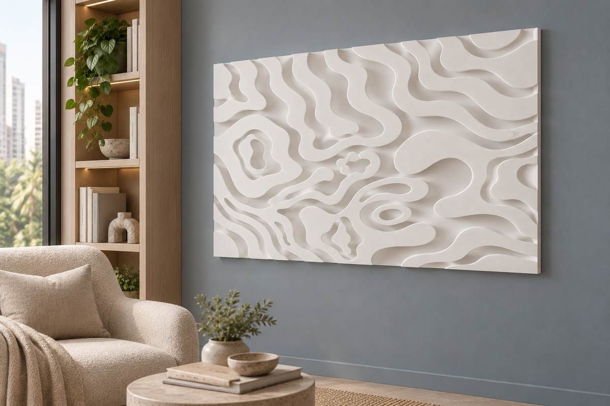 CWP-636 Organic Contour Drift Corian Wall Panel, 4 ft wide x 2.5 ft high, right view in a Mumbai reading corner; AI-assisted concept visualisation