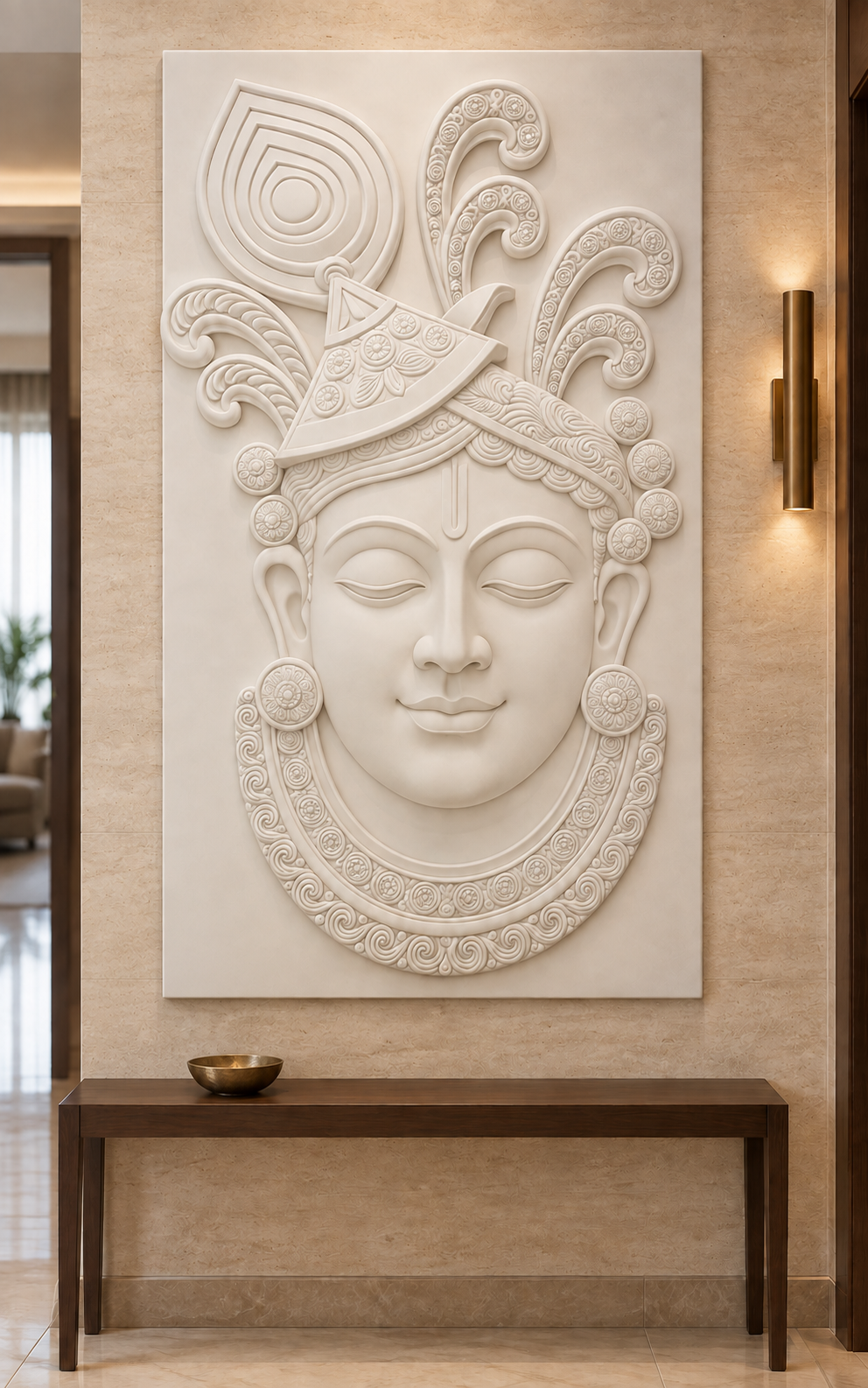 Ornate Plume Portrait Corian wall panel, front view in a Dadar apartment art foyer