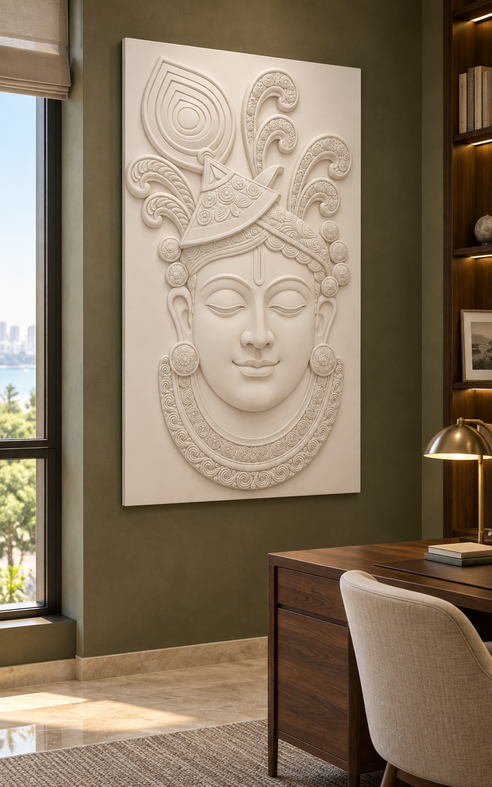 Ornate Plume Portrait Corian wall panel, left view in a Malabar Hill apartment quiet study
