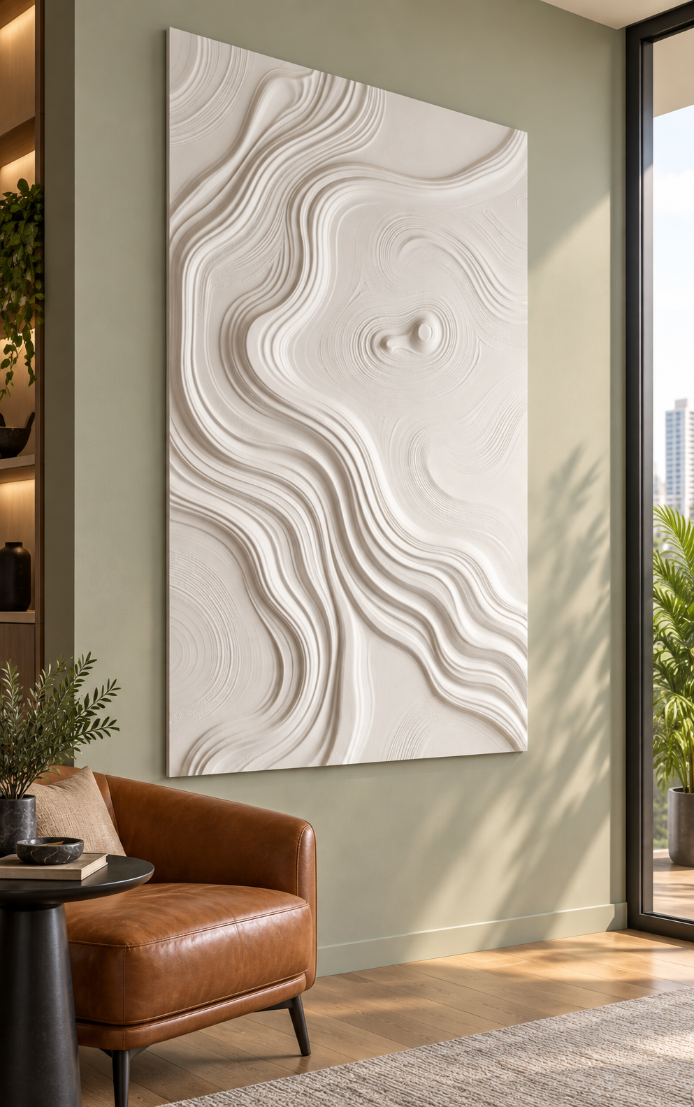 Oval Eddy Flow Corian wall panel, left view in a Mumbai contemporary living room; AI-assisted concept visualisation